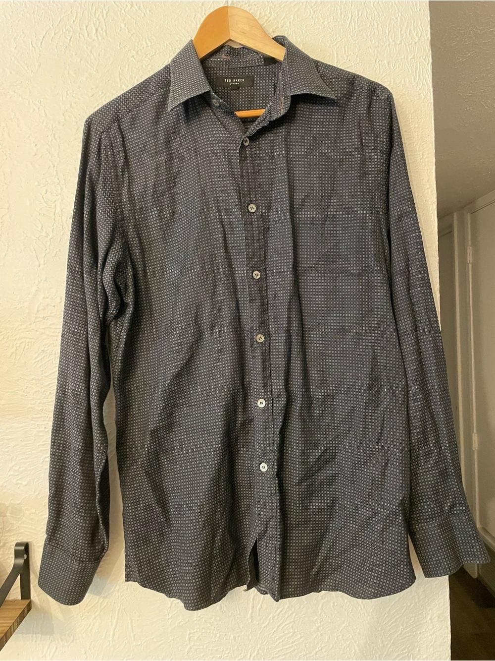 Ted Baker Navy Print Cotton Button Down Long-Sleeve Dress Shirt 3/M